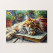 Maine Coon Sinaasappel Kat Slapen in een Tuin Legpuzzel (Horizontaal)