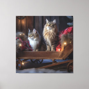 Maine Coon Snowy Sleigh Kerst Decor Canvas Afdruk