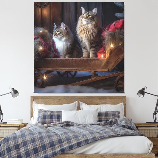 Maine Coon Snowy Sleigh Kerst Decor Canvas Afdruk (Insitu (Slaapkamer))