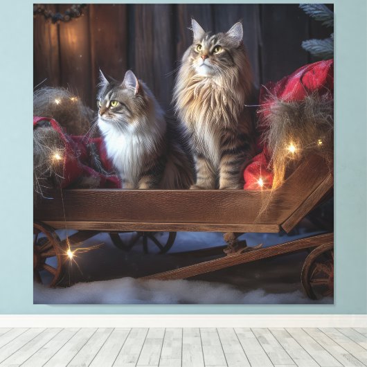 Maine Coon Snowy Sleigh Kerst Decor Canvas Afdruk (Insitu (Houten vloer))