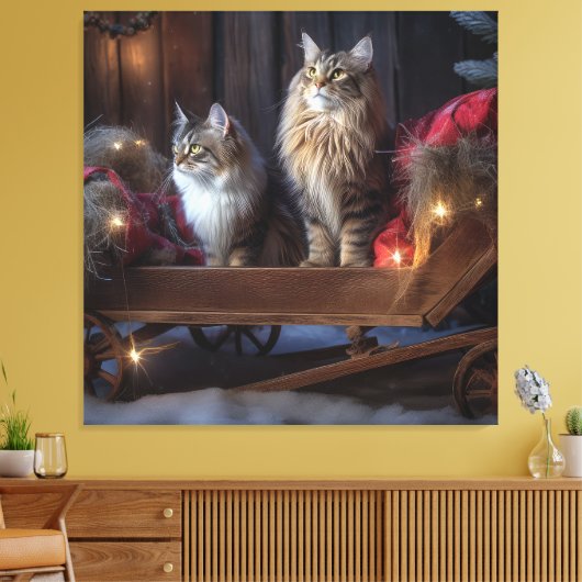 Maine Coon Snowy Sleigh Kerst Decor Canvas Afdruk (Insitu (Woonkamer))