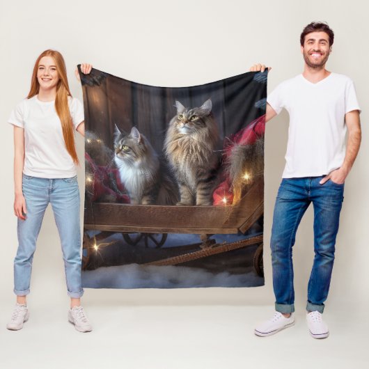Maine Coon Snowy Sleigh Kerst Decor Fleece Deken (In situ)