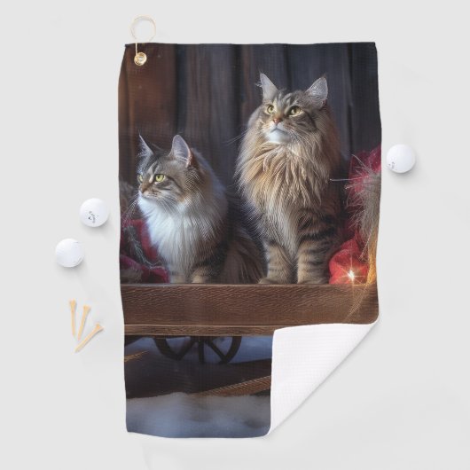 Maine Coon Snowy Sleigh Kerst Decor Golfhanddoek (Insitu)
