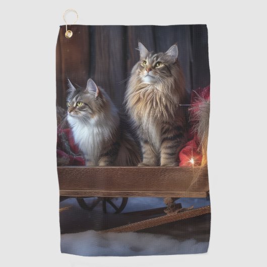 Maine Coon Snowy Sleigh Kerst Decor Golfhanddoek (Voorkant)