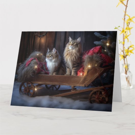 Maine Coon Snowy Sleigh Kerst Decor Kaart (Gele Bloem)