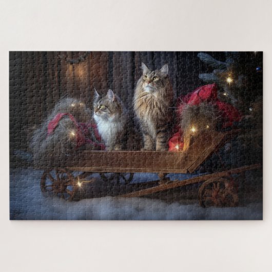 Maine Coon Snowy Sleigh Kerst Decor Legpuzzel (Horizontaal)