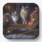 Maine Coon Snowy Sleigh Kerst Decor Papieren Bordje (Voorkant)