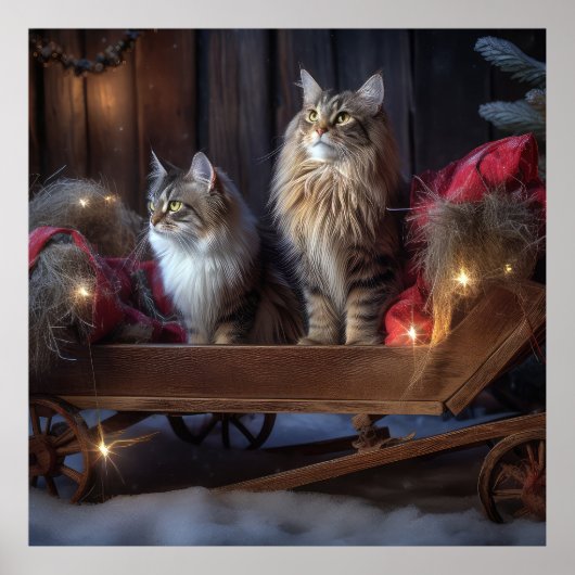Maine Coon Snowy Sleigh Kerst Decor Poster (Voorkant)