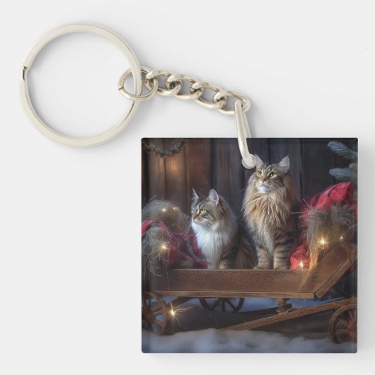 Maine Coon Snowy Sleigh Kerst Decor Sleutelhanger (Voorkant)