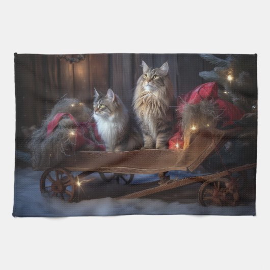 Maine Coon Snowy Sleigh Kerst Decor Theedoek (Horizontaal)