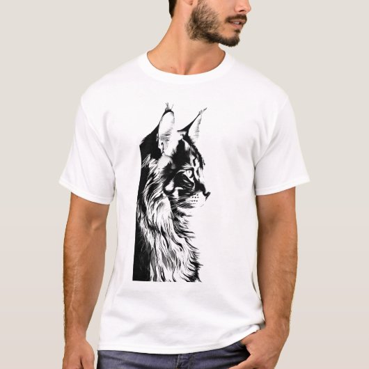 Maine Coon T-Shirt: White Tee Black & White Cat T-shirt (Voorkant)