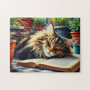Maine Coon Tabby Kat Slapen in een Tuin Legpuzzel