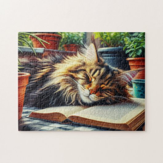Maine Coon Tabby Kat Slapen in een Tuin Legpuzzel (Horizontaal)
