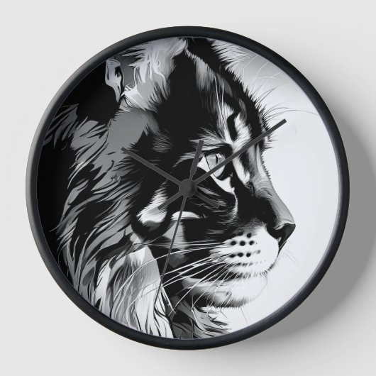 Maine Coon Wall Clock: Black & White Cat Home Deco (Voorkant)