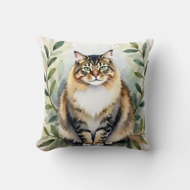 Maine Coon Watercolor Bos Laag Kunst Kussen (Voorkant)