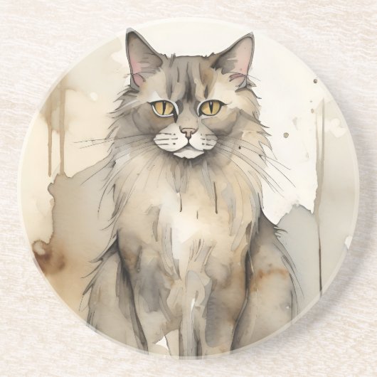 Maine Coon Waterverf Zandsteen Onderzetter (Voorkant)