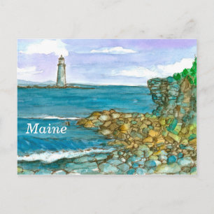 Maine Lighthouse Rocks Calm Ocean Briefkaart