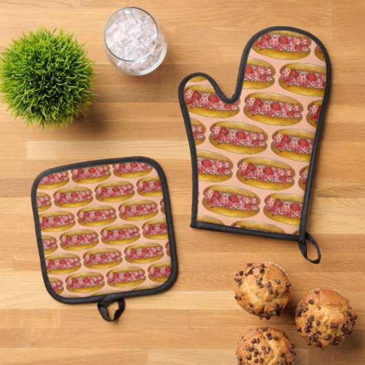 Maine Lobster Roll Sandwich Seafood Print Towel Ovenwant & Pannenlap Set (Top down)
