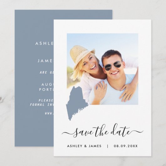Maine Map Photo Wedding Save the Date Card Blue (Voorkant / Achterkant)