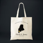 Maine Map Wedding Welcome Bag Tas, zwart & goud Tote Bag<br><div class="desc">Het weekend van de bruiloft heet cadeautas voor gasten uit de stad voor je bruiloft,  met afbeelding van Maine,  met gouden hart.  Vul tas met je favoriete godies.</div>