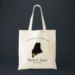 Maine Map Wedding Welcome Bag Tas, zwart & goud Tote Bag<br><div class="desc">Het weekend van de bruiloft heet cadeautas voor gasten uit de stad voor je bruiloft,  met afbeelding van Maine,  met gouden hart.  Vul tas met je favoriete godies.</div>