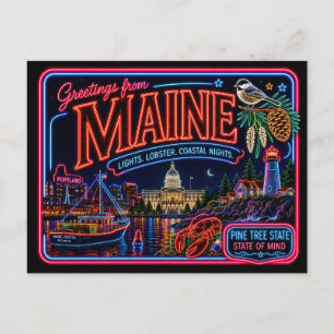 Maine Neon Staat Retro Vintage Briefkaart