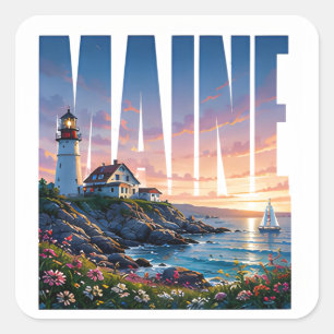 Maine Rocky Coast Vuurtoren Oceaan Avontuur Vierkante Sticker