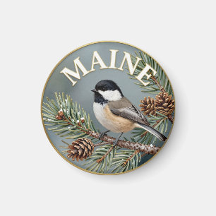 Maine Staatsvogel Chickadee & Witte Pijnboom Botan Magneet