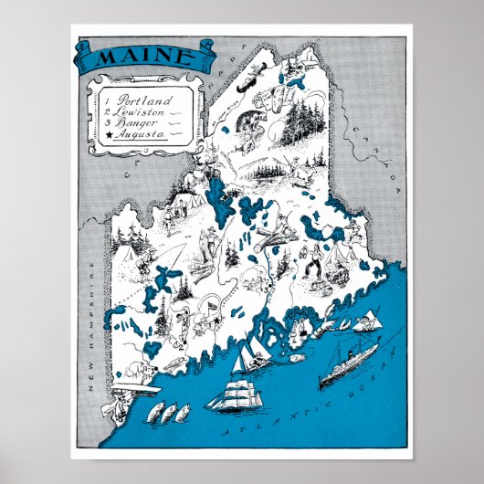 Maine State Map Beach Decor Print (Voorkant)
