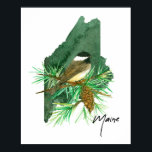 Maine State Shape Black Capped Chickadee Poster<br><div class="desc">A poster print decorated with a black capped chickadee bird perched on a white pinecone tassel branch over the state shape in forest green illustrated with sepia ink and watercolor. Inspired by the state bird and state flower of Maine. Great for college dorm room decor or anyone who loves "The...</div>