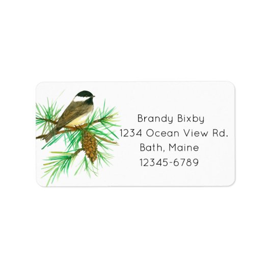 Maine State Vogel Chickadee Pine Cone Adres Etiket (Voorkant)
