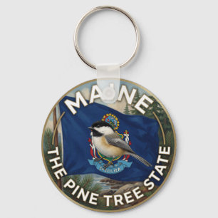 🌲 Maine-vlag en Zwarte-kap-mees-erfgoed Sleutelhanger