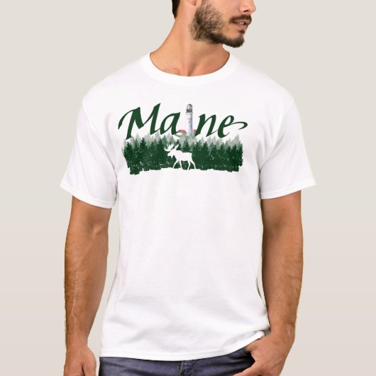 Maine, vuurtoren, pijnbomen, silhouetelanden t-shirt (Voorkant)