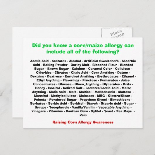 Maïs Allergie Lijst - Briefkaart (Voorkant / Achterkant)
