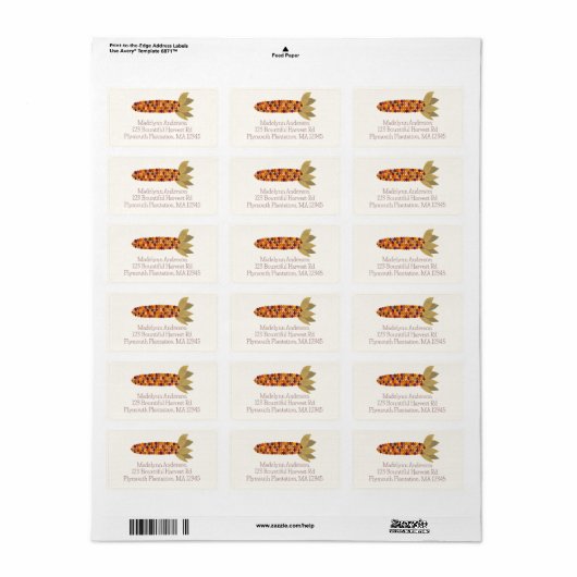 Maïs of Indiase maïs Herfst thema retour adres Etiket (Full Sheet)
