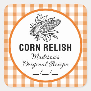 Maïs relish label met oranje geruit patroon
