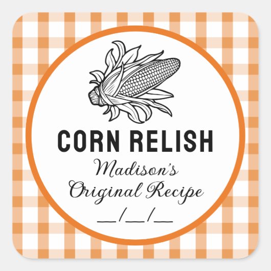 Maïs relish label met oranje geruit patroon (Voorkant)