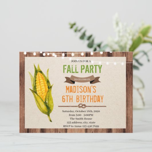 Maïs verjaardag thema party uitnodiging (Staand voorkant)