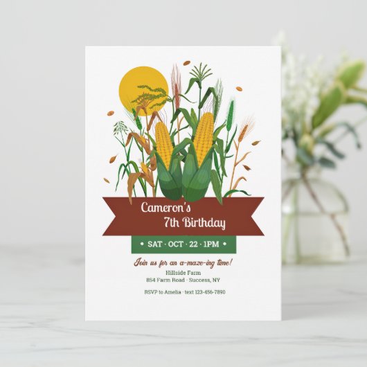 maïsdoolhof verjaardagsuitnodiging kaart (Staand voorkant)