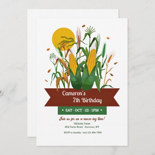 maïsdoolhof verjaardagsuitnodiging kaart (Voorkant / Achterkant)