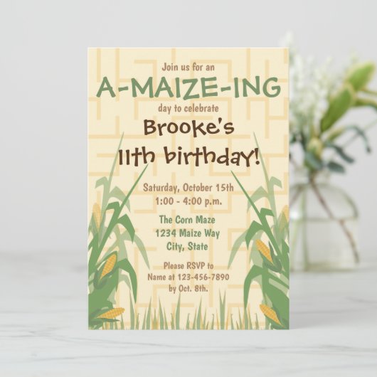 maïsdoolhof verjaardagsuitnodiging kaart (Staand voorkant)