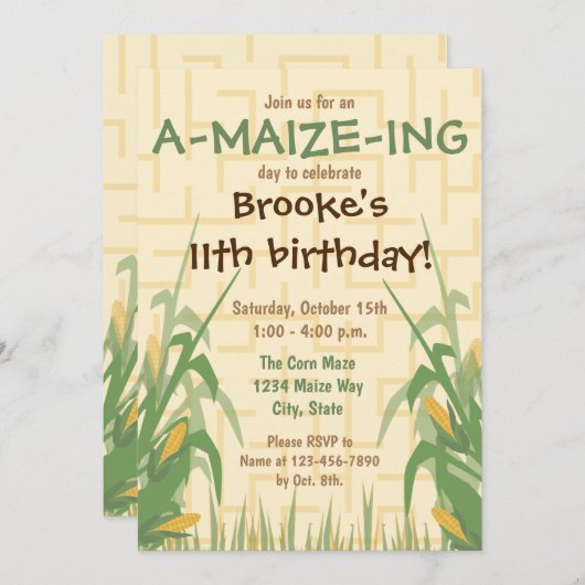 maïsdoolhof verjaardagsuitnodiging kaart (Voorkant / Achterkant)