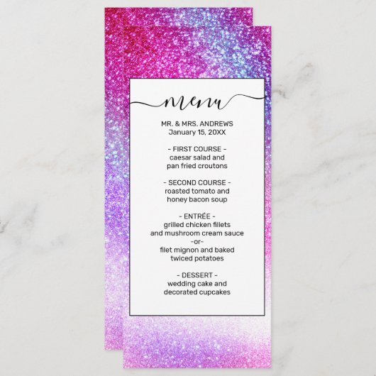 Maisroze Paarse nebula Galaxy Glitter Menu (Voorkant / Achterkant)