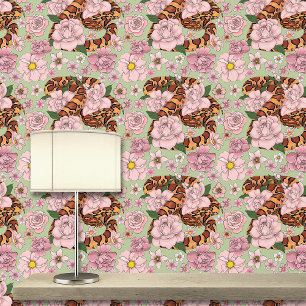 Maisslang roze bloemen groen behang