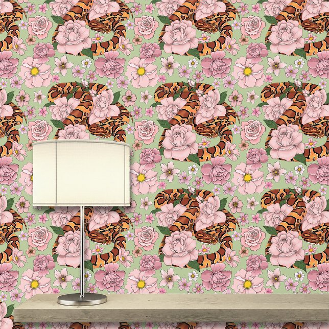 Maisslang roze bloemen groen behang (Creator heeft geüpload)