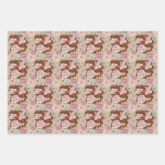 Maisslang roze bloemen groen inpakpapier vel (Voorkant 3)