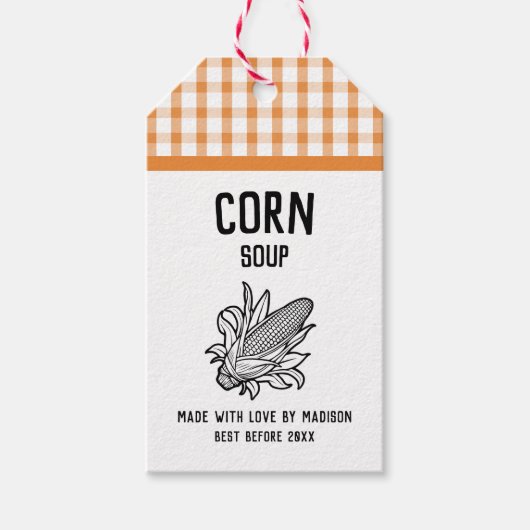 Maissoep label met kolf en geruit patroon cadeaulabel (Voorkant)