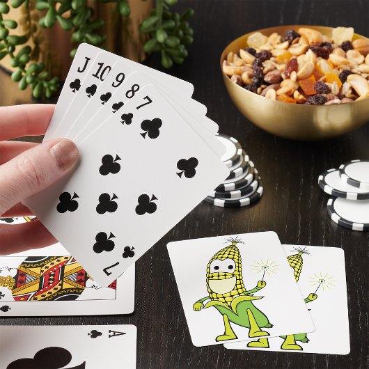 Maïswizard-personage met toverstaf pokerkaarten