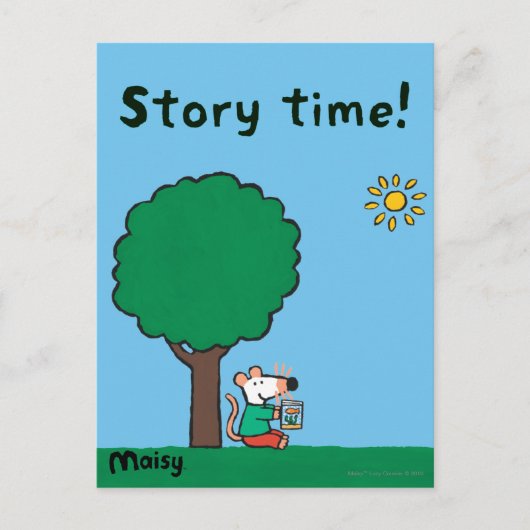 Maisy leest haar bibliotheekboek buiten briefkaart (Voorkant)