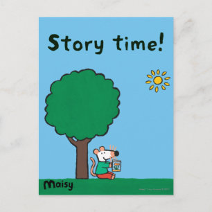 Maisy leest haar bibliotheekboek buiten briefkaart